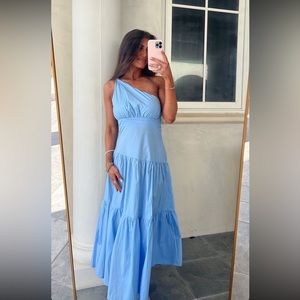 One shoulder dress, baby blue size small.
